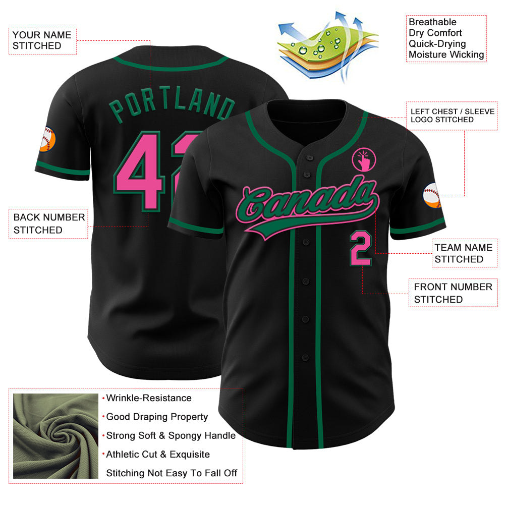 Custom Black Pink-Kelly Green Authentic Baseball Jersey