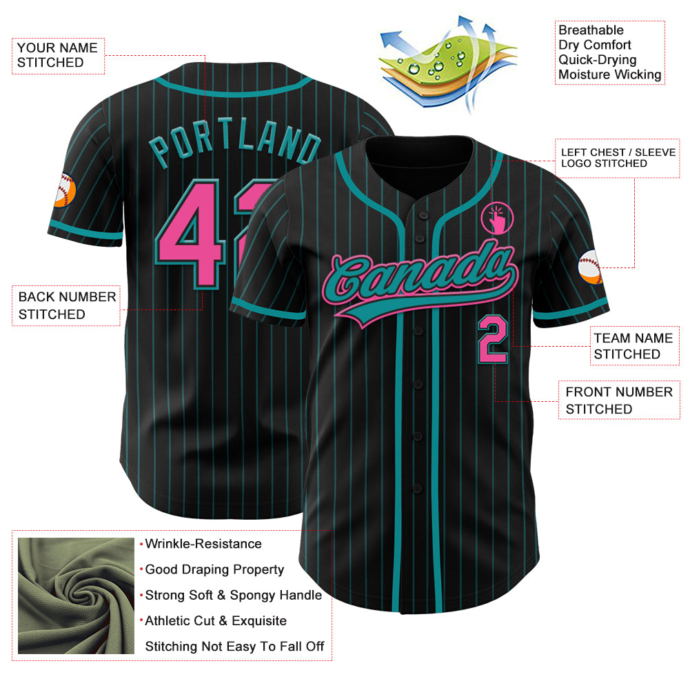 Custom Black Teal Pinstripe Pink Authentic Baseball Jersey