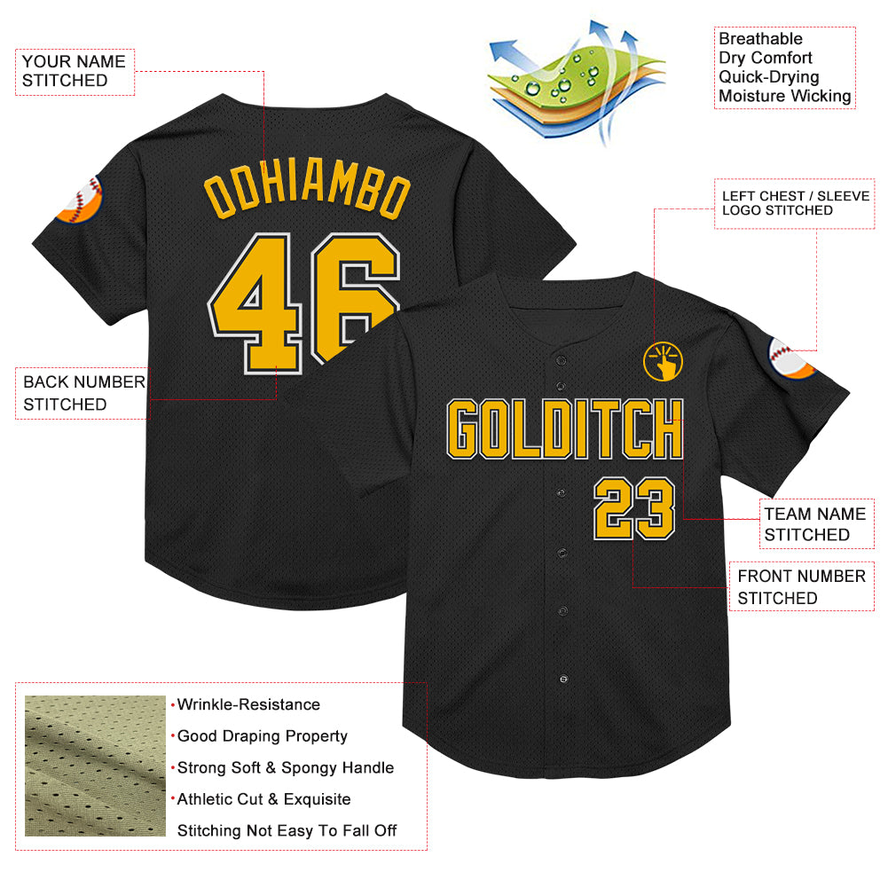 Custom Black Gold-White Mesh Authentic Throwback Baseball Jersey