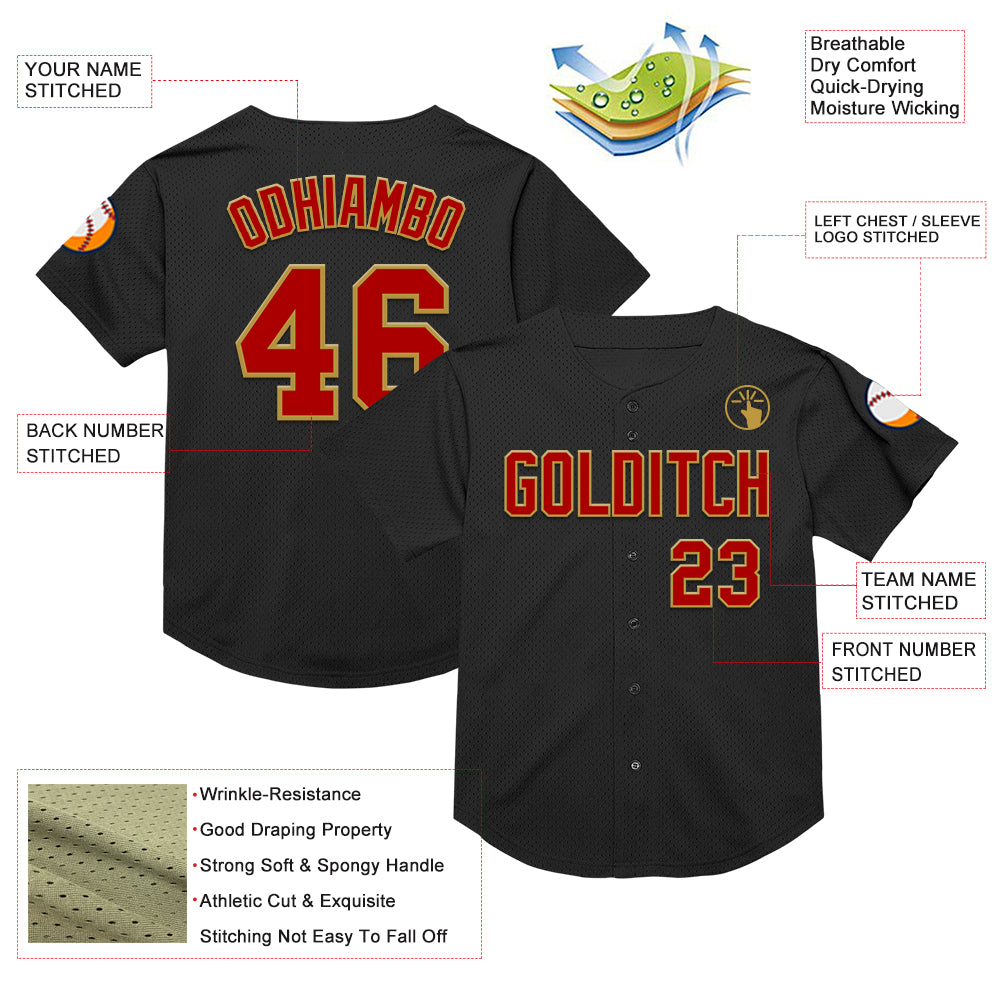 Custom Black Red-Old Gold Mesh Authentic Throwback Baseball Jersey