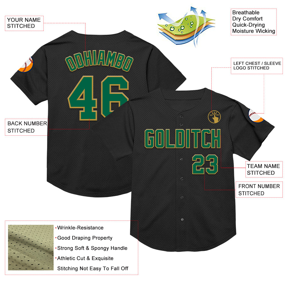 Custom Black Kelly Green-Old Gold Mesh Authentic Throwback Baseball Jersey