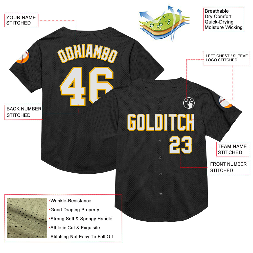 Custom Black White-Gold Mesh Authentic Throwback Baseball Jersey