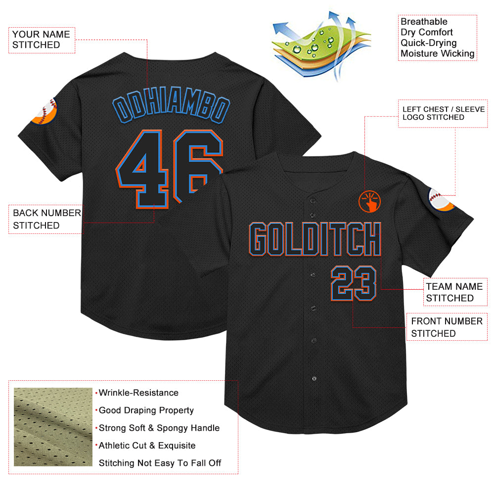 Custom Black Electric Blue-Orange Mesh Authentic Throwback Baseball Jersey