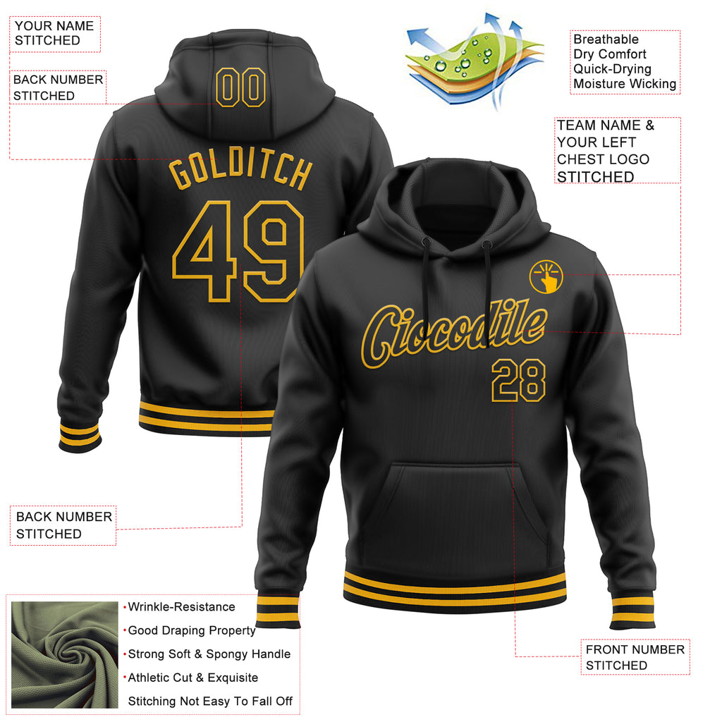 Custom Stitched Black Gold Sports Pullover Sweatshirt Hoodie