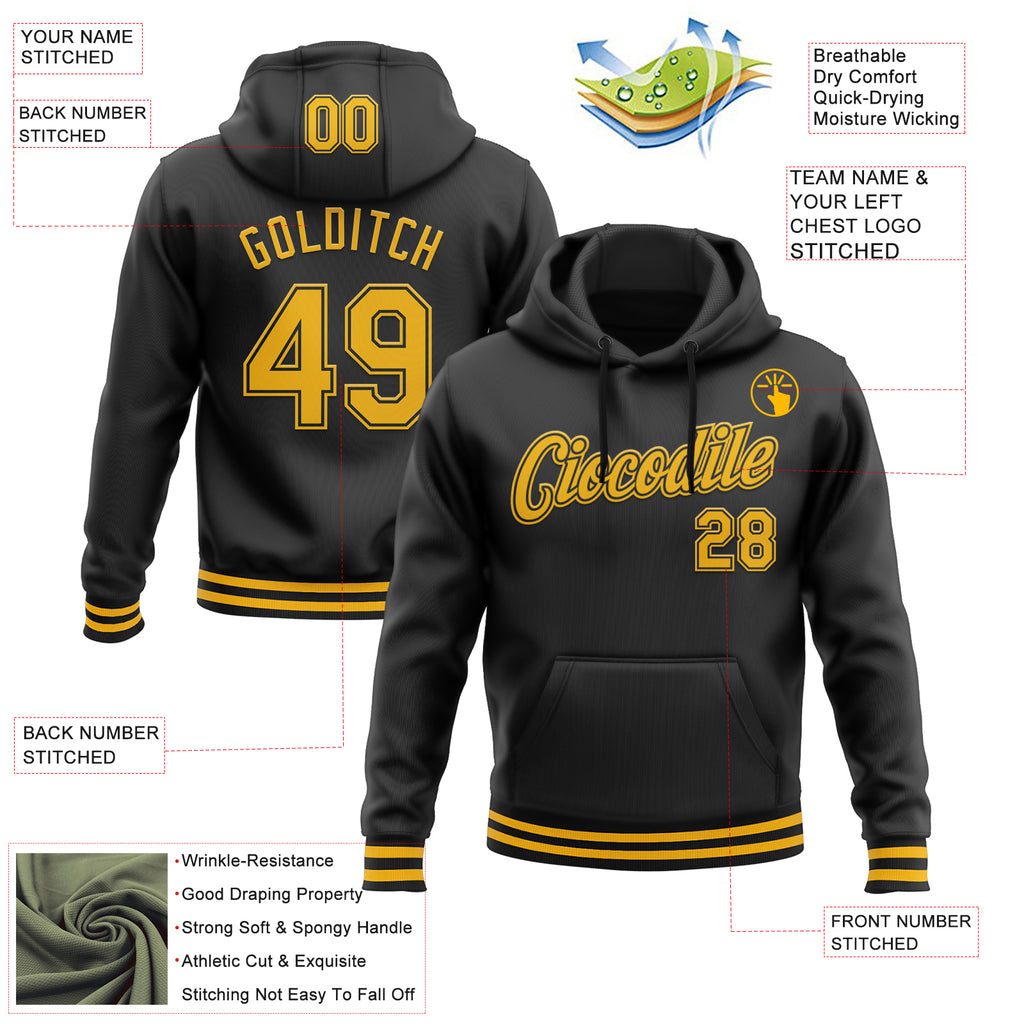 Custom Stitched Black Gold Sports Pullover Sweatshirt Hoodie