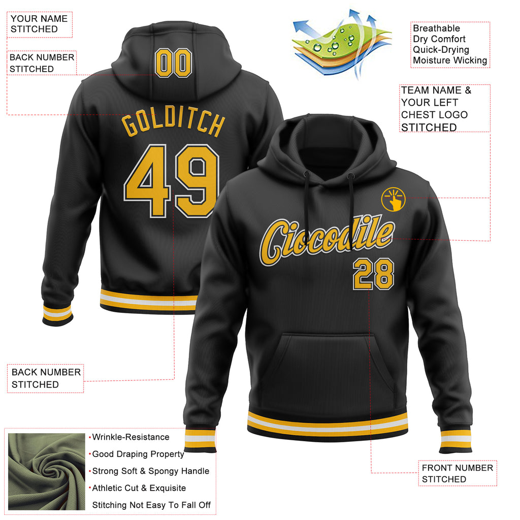 Custom Stitched Black Gold-White Sports Pullover Sweatshirt Hoodie