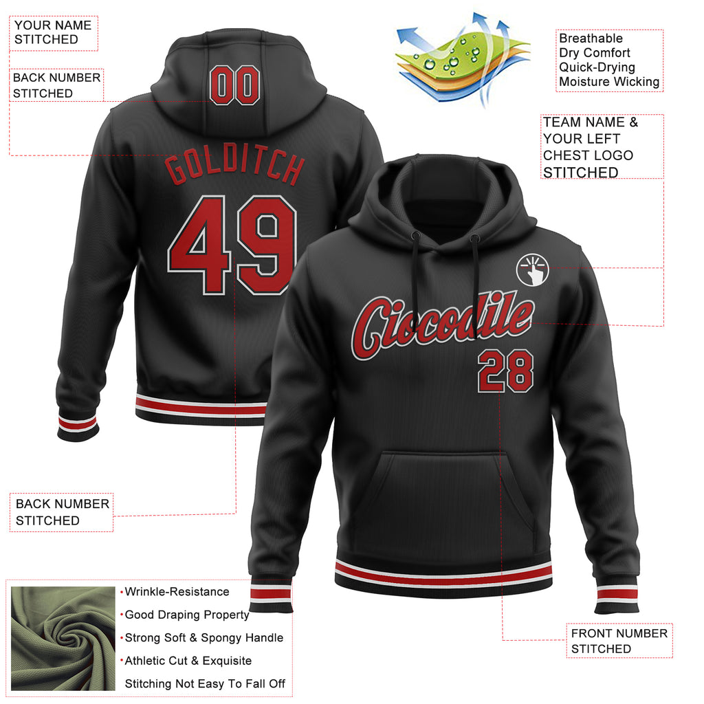 Custom Stitched Black Red-White Sports Pullover Sweatshirt Hoodie