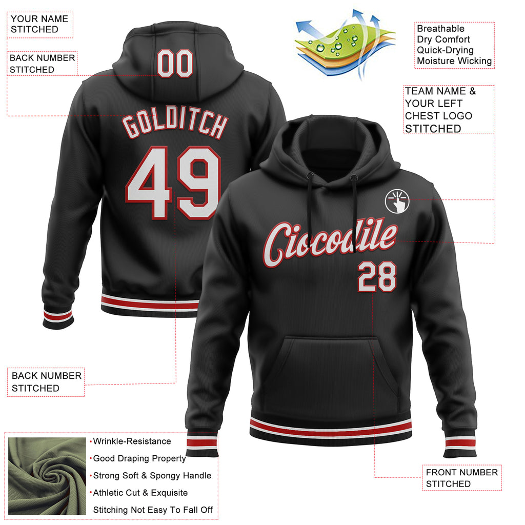 Custom Stitched Black White-Red Sports Pullover Sweatshirt Hoodie