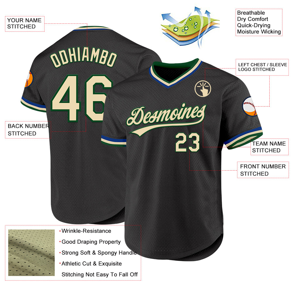 Custom Black Cream Green-Royal Authentic Throwback Baseball Jersey