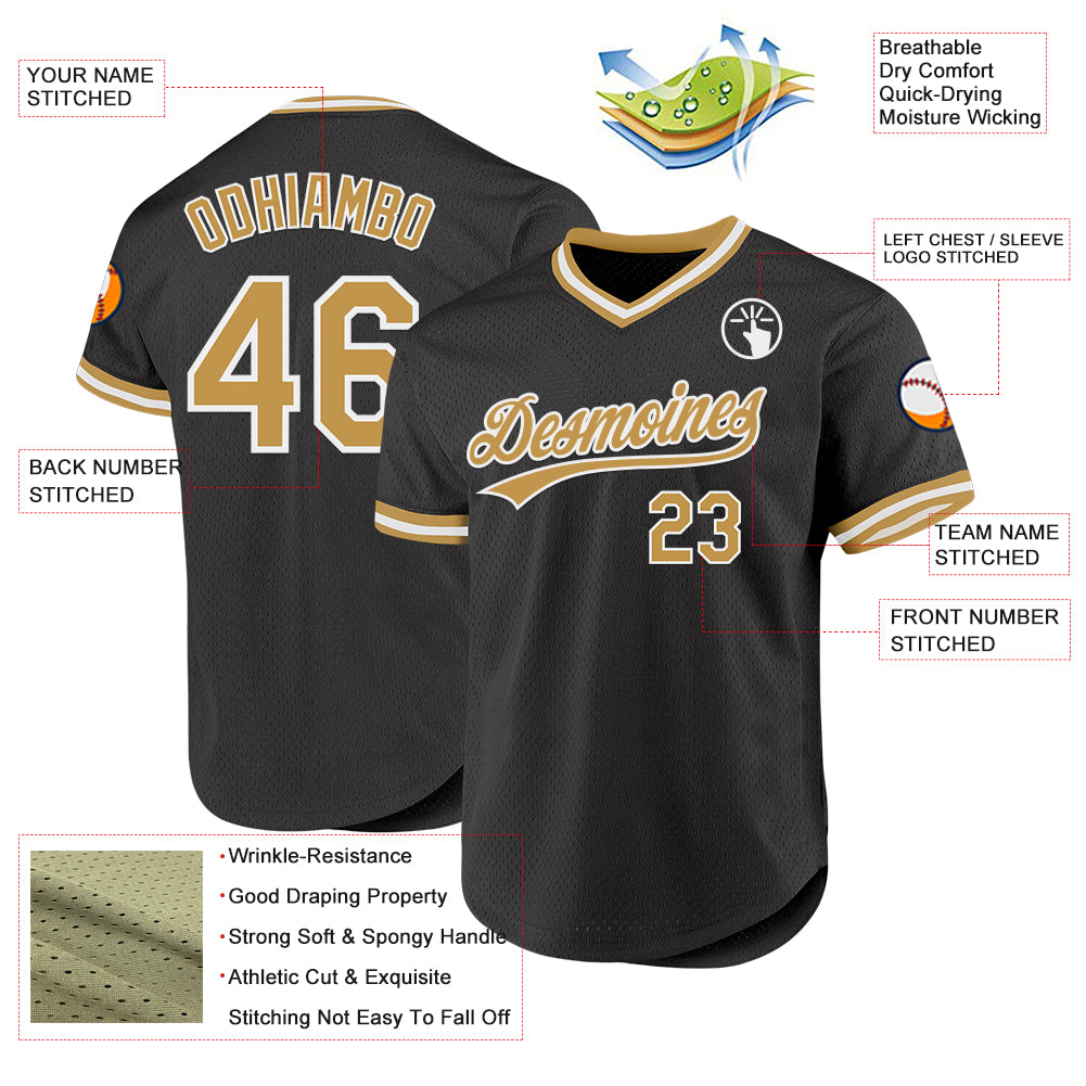 Custom Black Old Gold-White Authentic Throwback Baseball Jersey