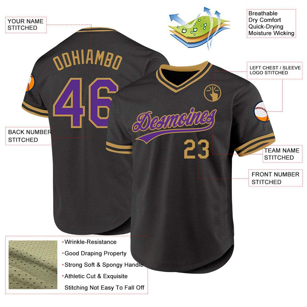 Custom Black Purple-Old Gold Authentic Throwback Baseball Jersey