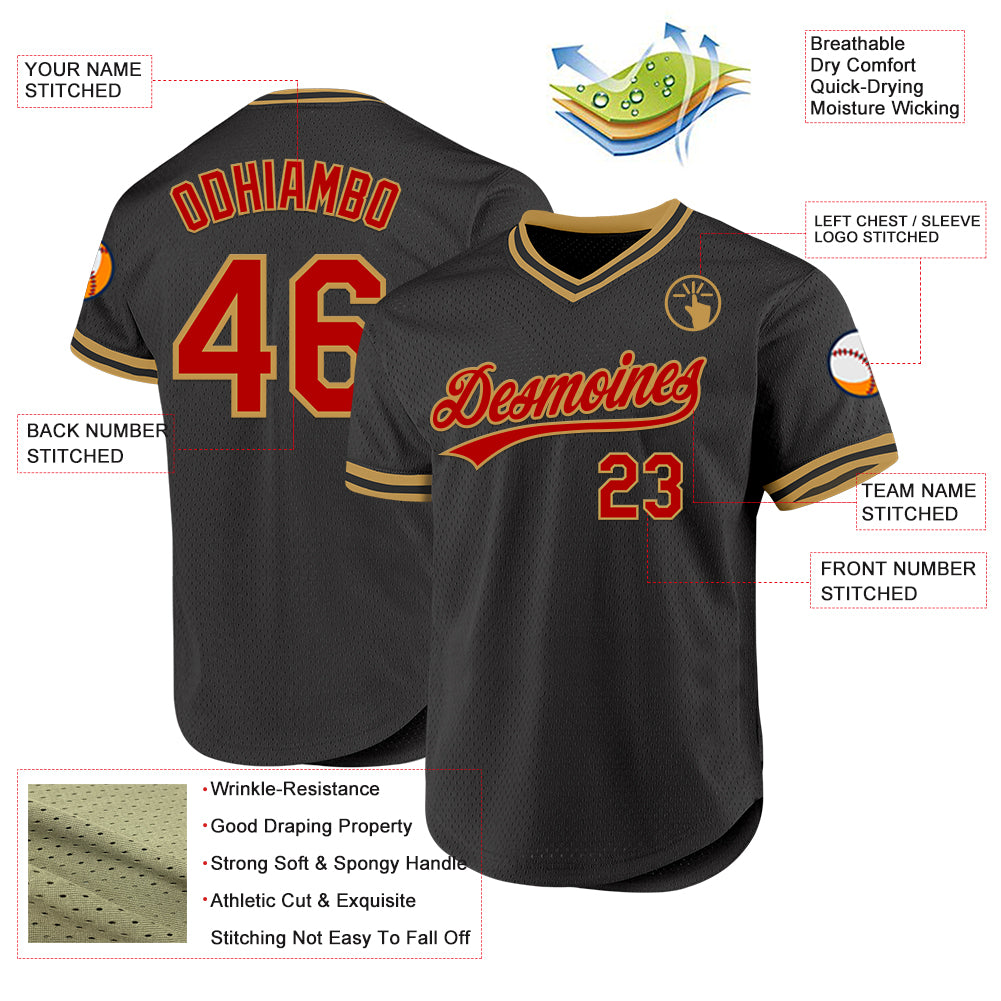 Custom Black Red-Old Gold Authentic Throwback Baseball Jersey