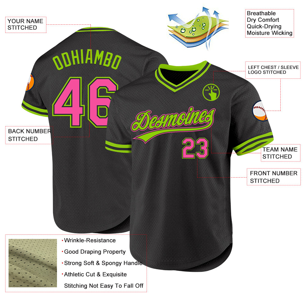 Custom Black Pink-Neon Green Authentic Throwback Baseball Jersey