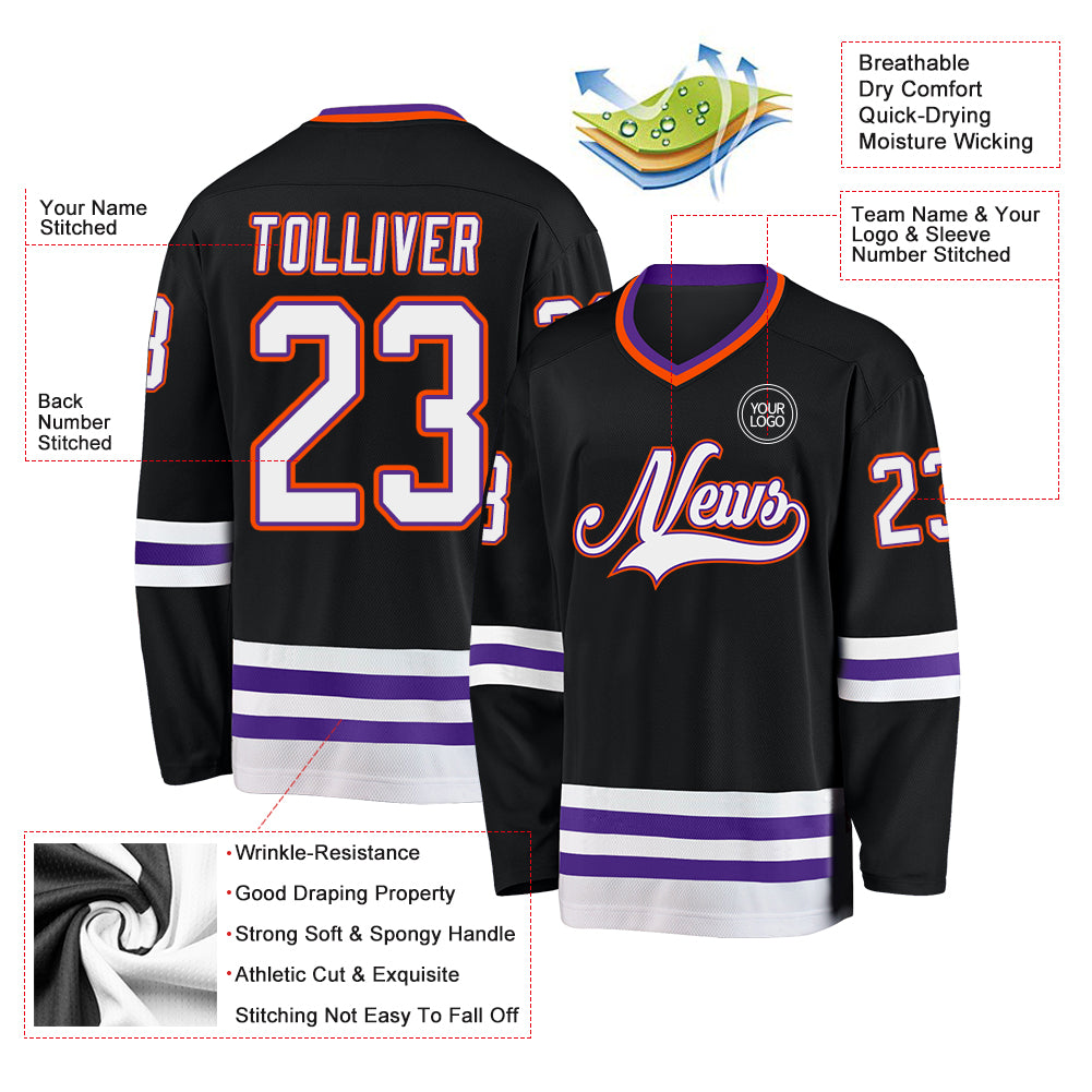 Custom Black Purple-Orange Hockey Jersey