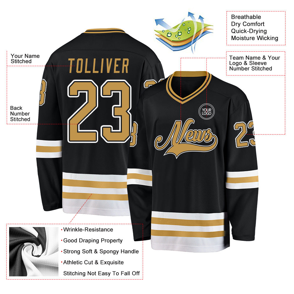 Custom Black Old Gold-White Hockey Jersey