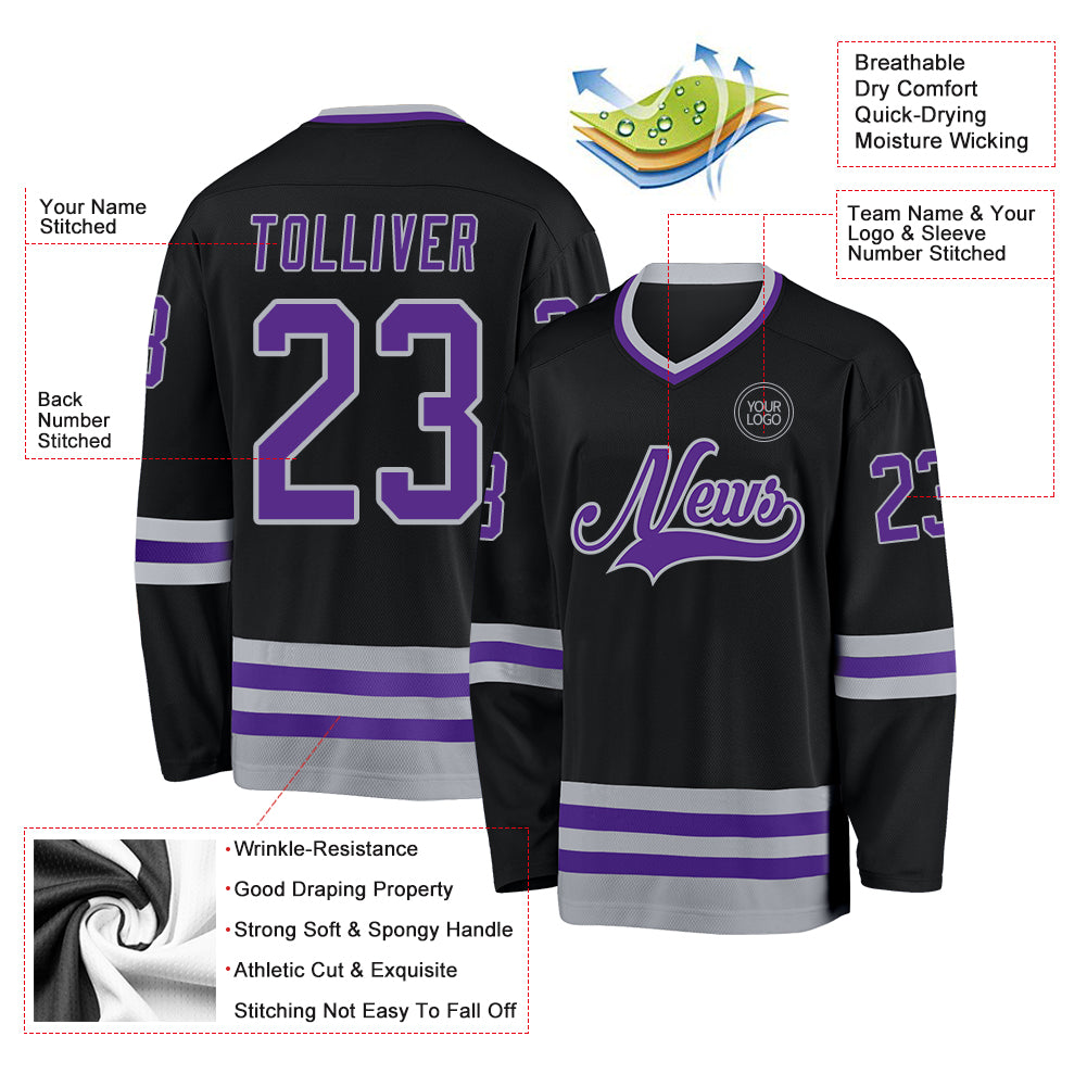 Custom Black Purple-Gray Hockey Jersey