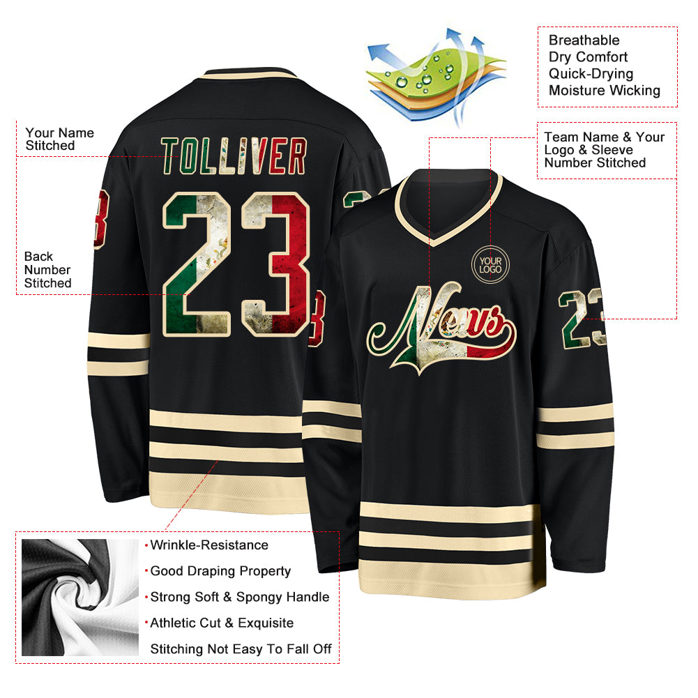 Custom Black Vintage Mexican Flag-Cream Hockey Jersey