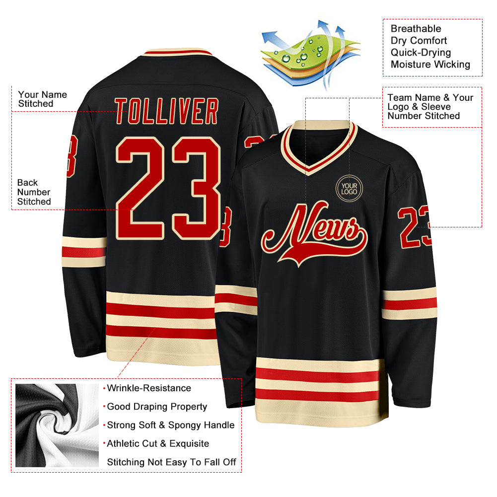 Custom Black Red-Cream Hockey Jersey