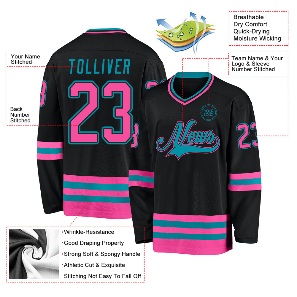 Custom Black Pink-Teal Hockey Jersey