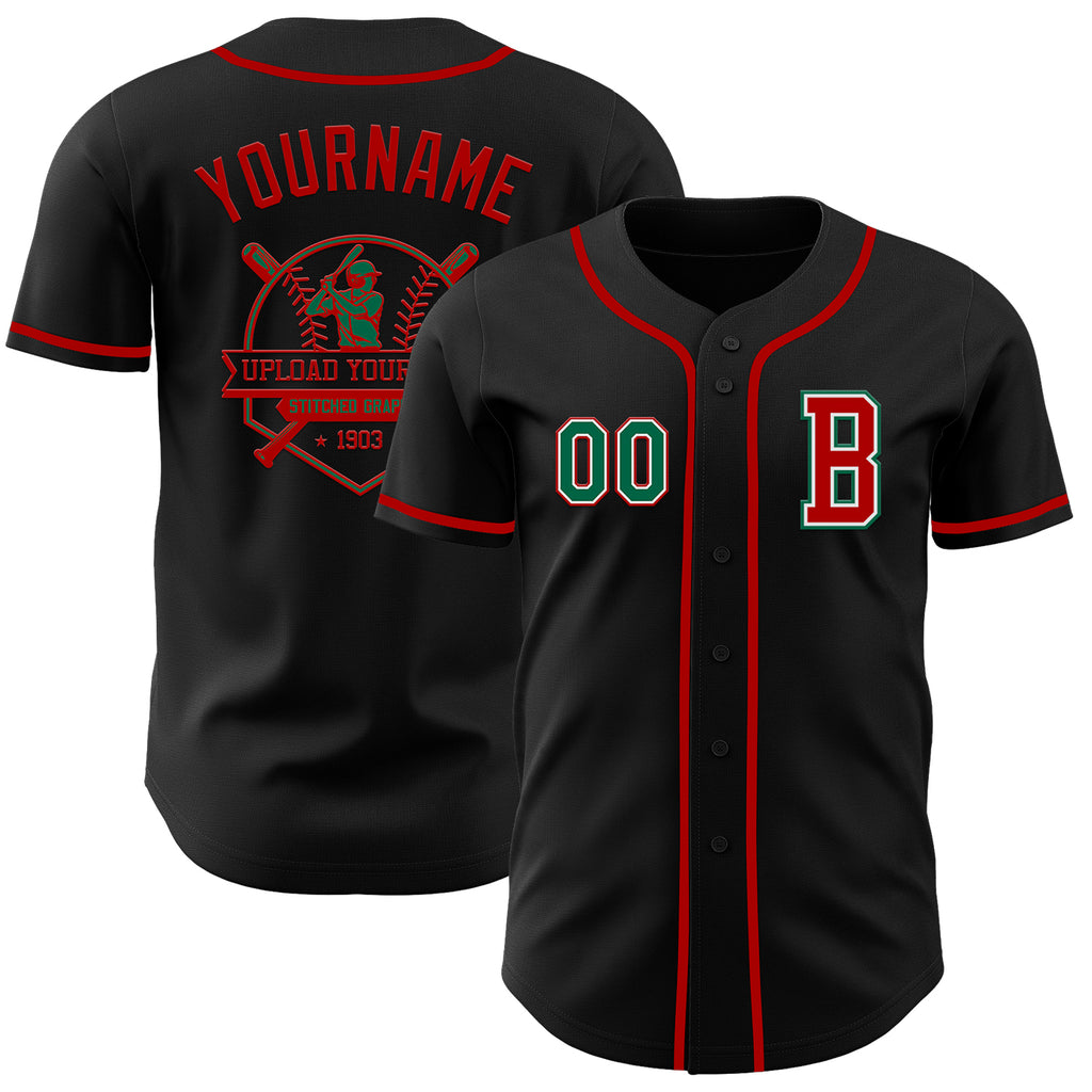 Custom Black Kelly Green-Red Authentic Baseball Jersey