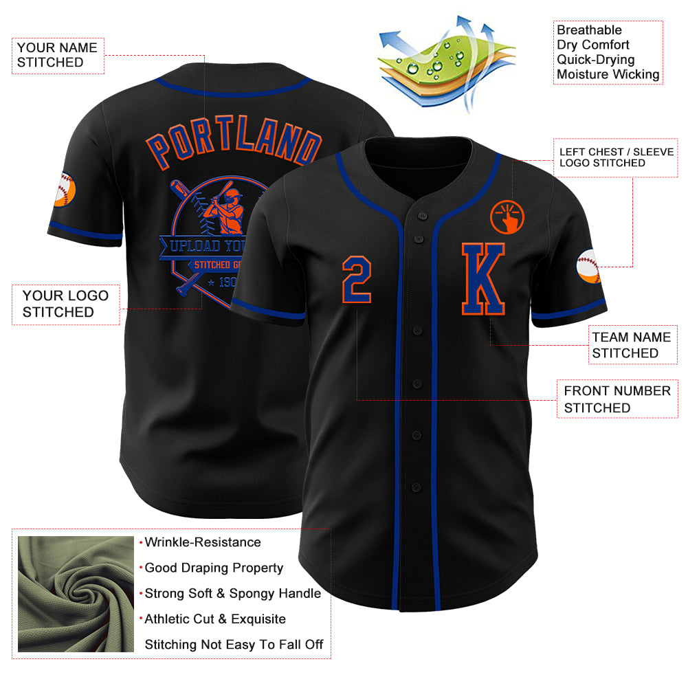 Custom Black Royal-Orange Authentic Baseball Jersey