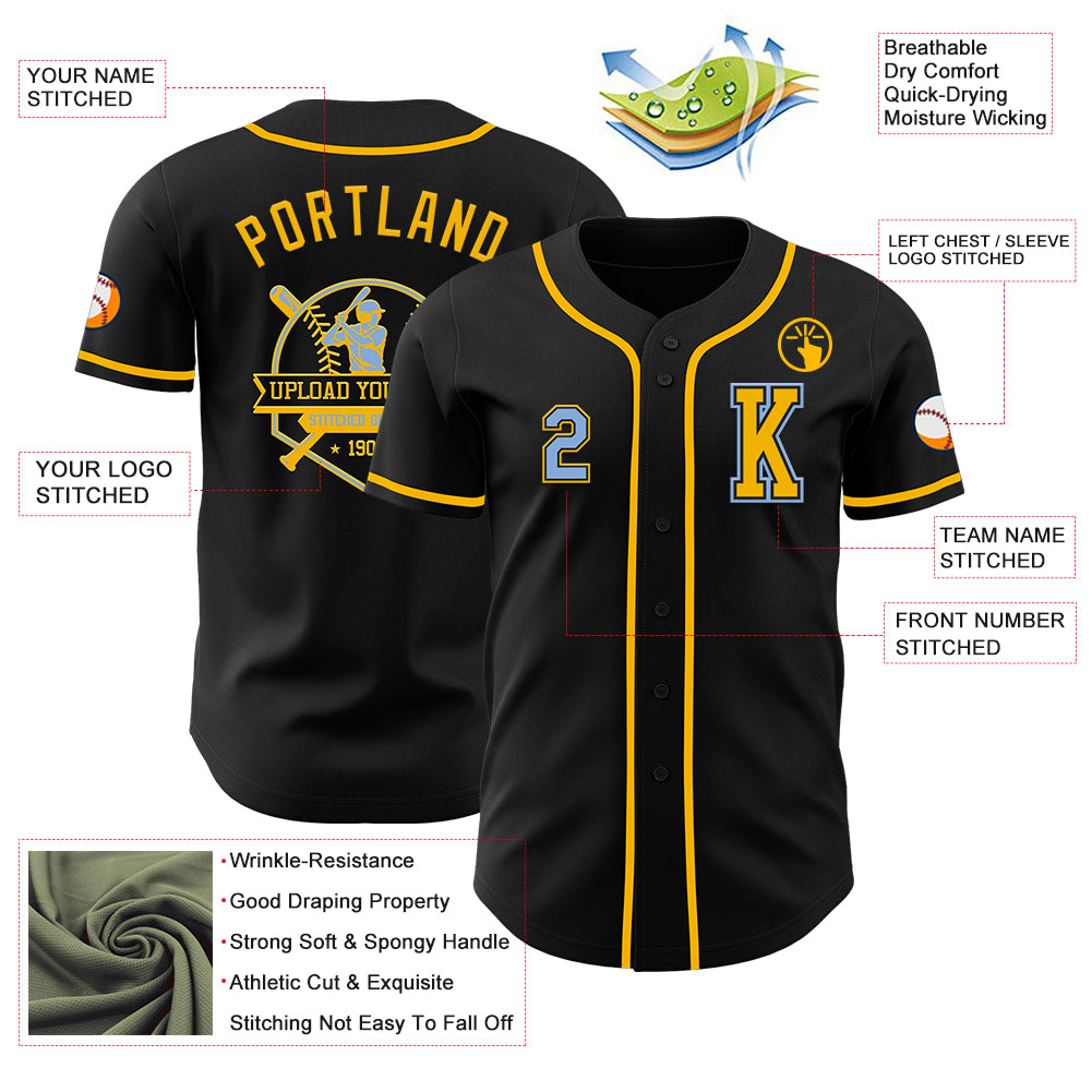 Custom Black Light Blue-Gold Authentic Baseball Jersey