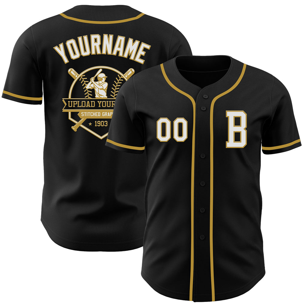 Custom Black White-Old Gold Authentic Baseball Jersey