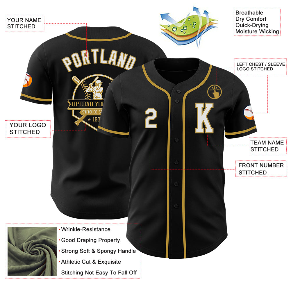 Custom Black White-Old Gold Authentic Baseball Jersey