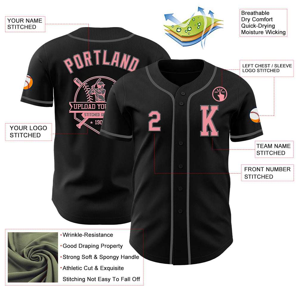 Custom Black Medium Pink-Steel Gray Authentic Baseball Jersey