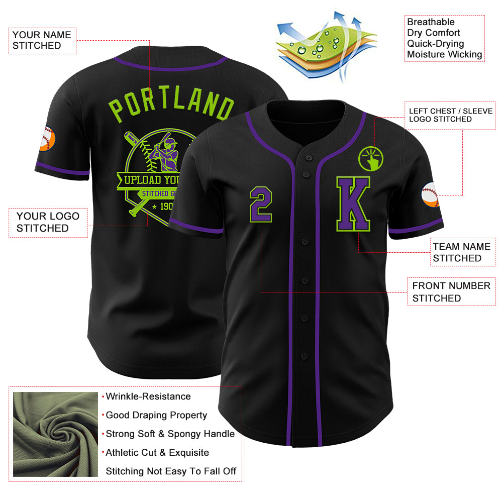 Custom Black Purple-Neon Green Authentic Baseball Jersey