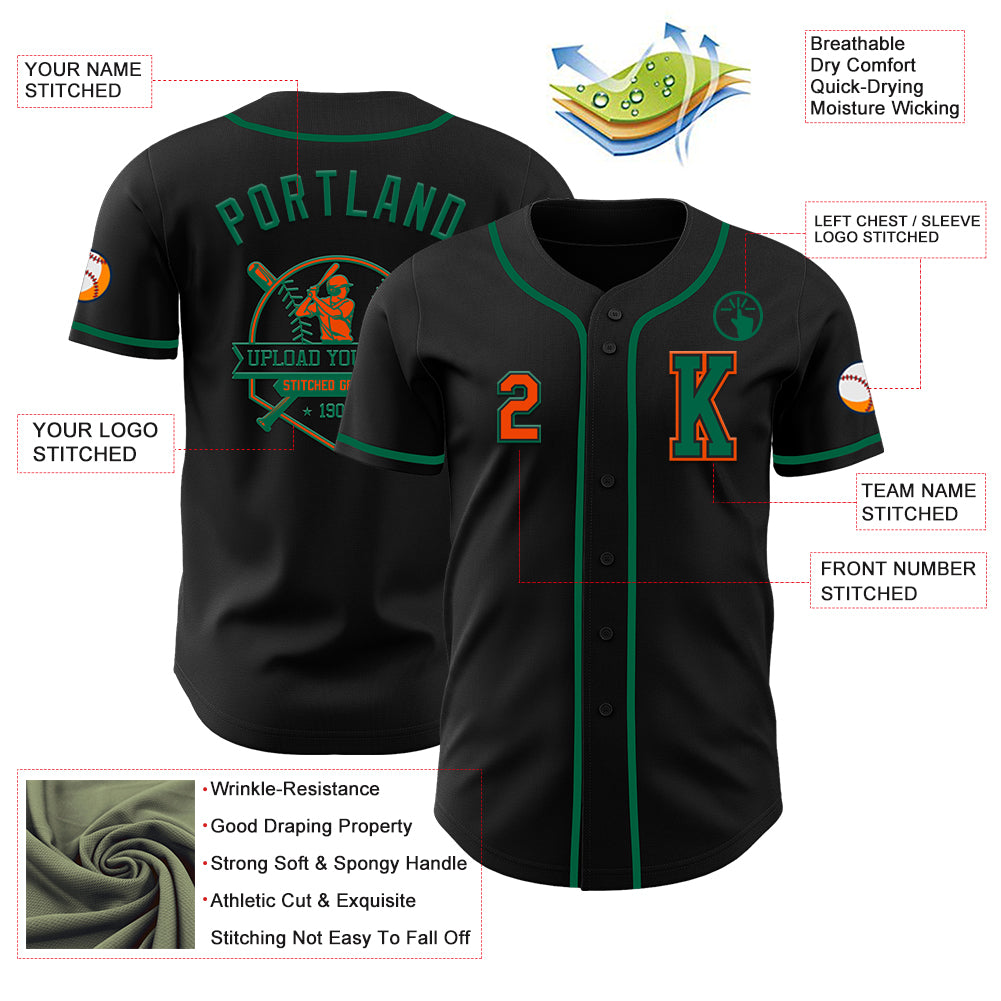 Custom Black Orange-Kelly Green Authentic Baseball Jersey