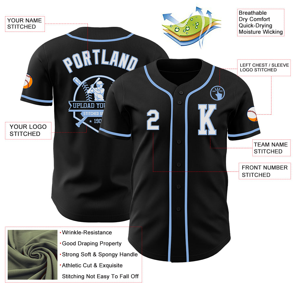 Custom Black White-Light Blue Authentic Baseball Jersey