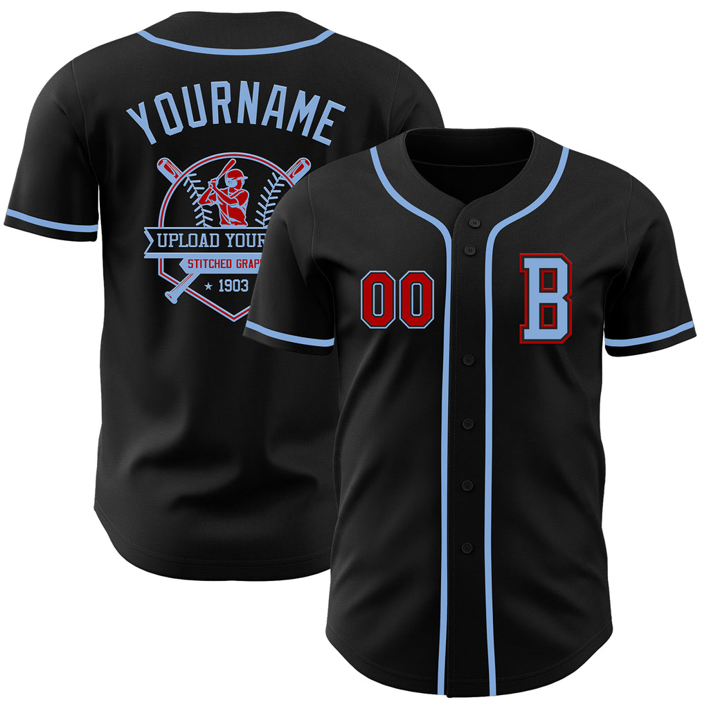 Custom Black Red-Light Blue Authentic Baseball Jersey