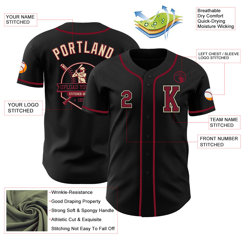 Custom Black Crimson-Cream Authentic Baseball Jersey