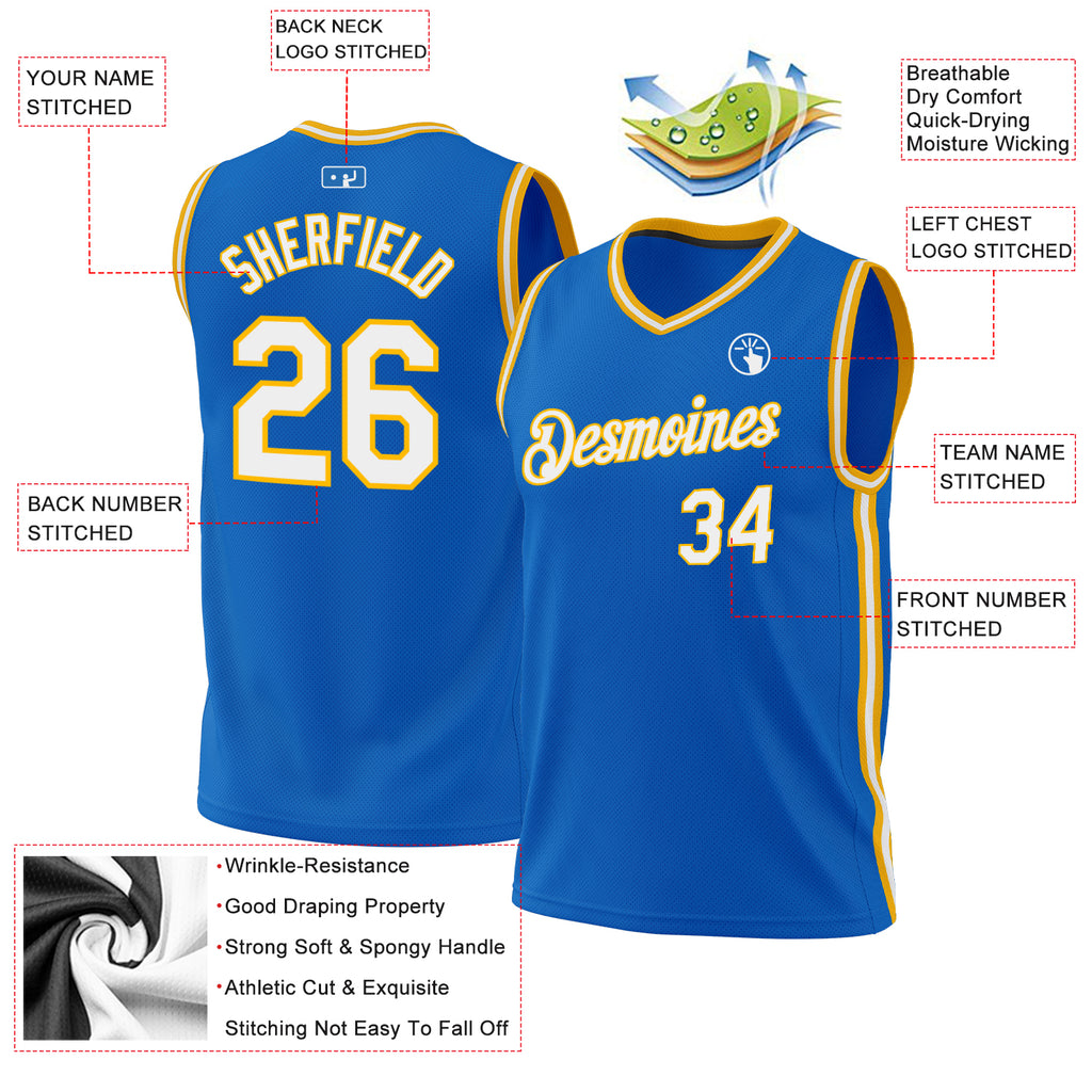 Custom Blue White-Gold Authentic Throwback Basketball Jersey