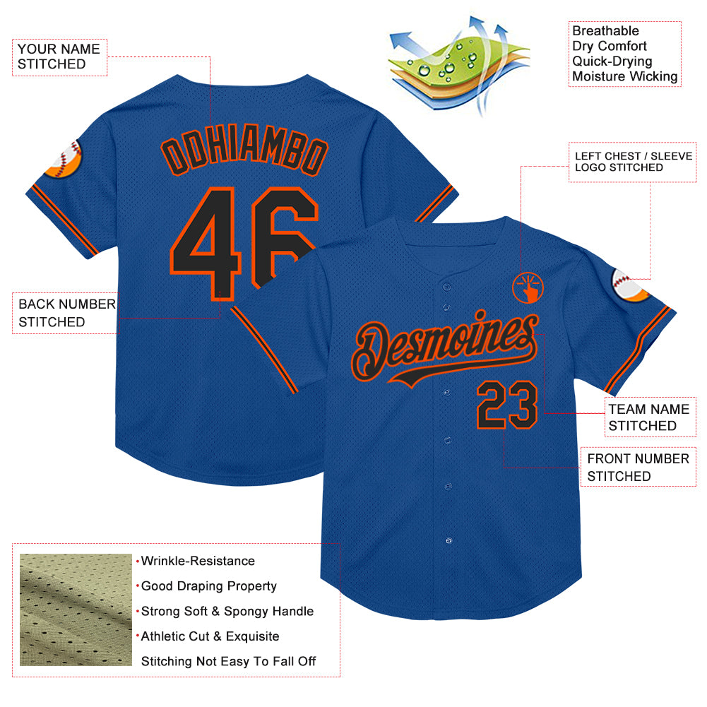 Custom Blue Black-Orange Mesh Authentic Throwback Baseball Jersey
