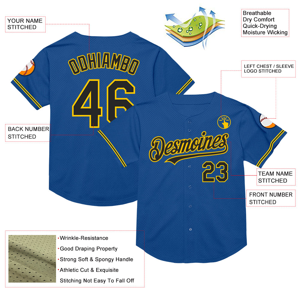 Custom Blue Black-Yellow Mesh Authentic Throwback Baseball Jersey