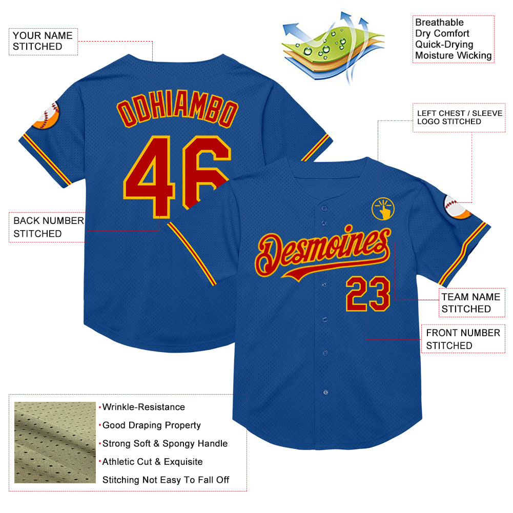 Custom Blue Red-Gold Mesh Authentic Throwback Baseball Jersey