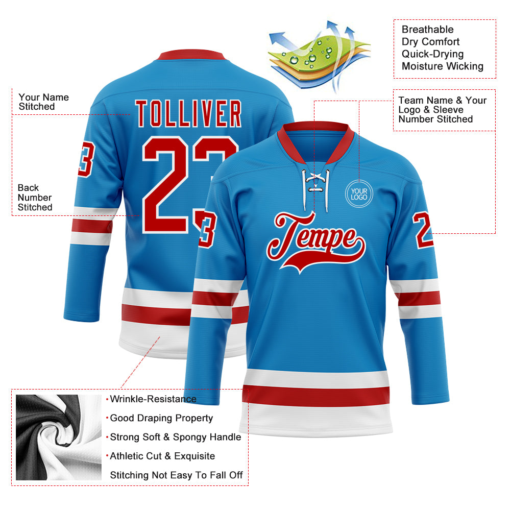 Custom Blue Red-White Hockey Lace Neck Jersey