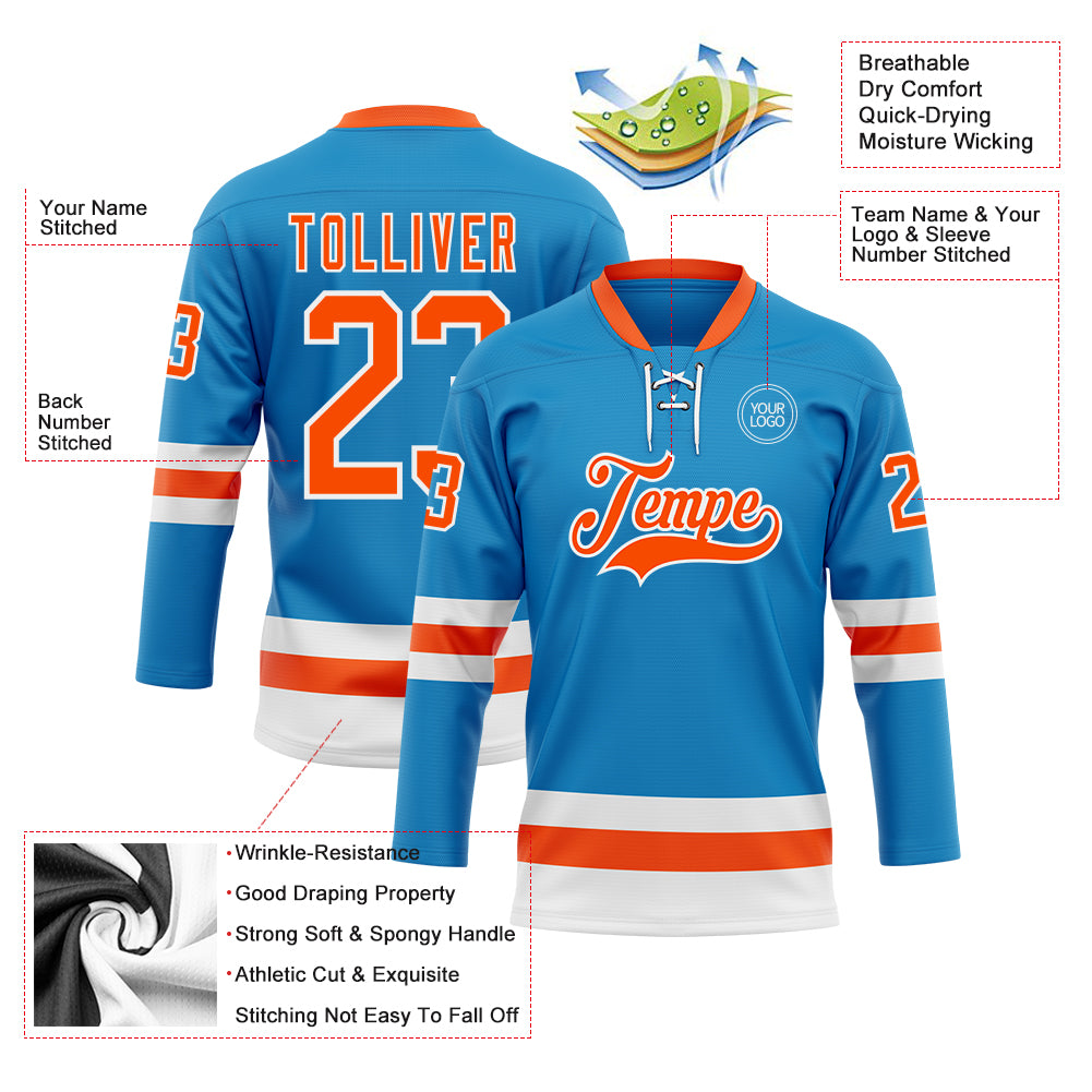 Custom Blue Orange-White Hockey Lace Neck Jersey