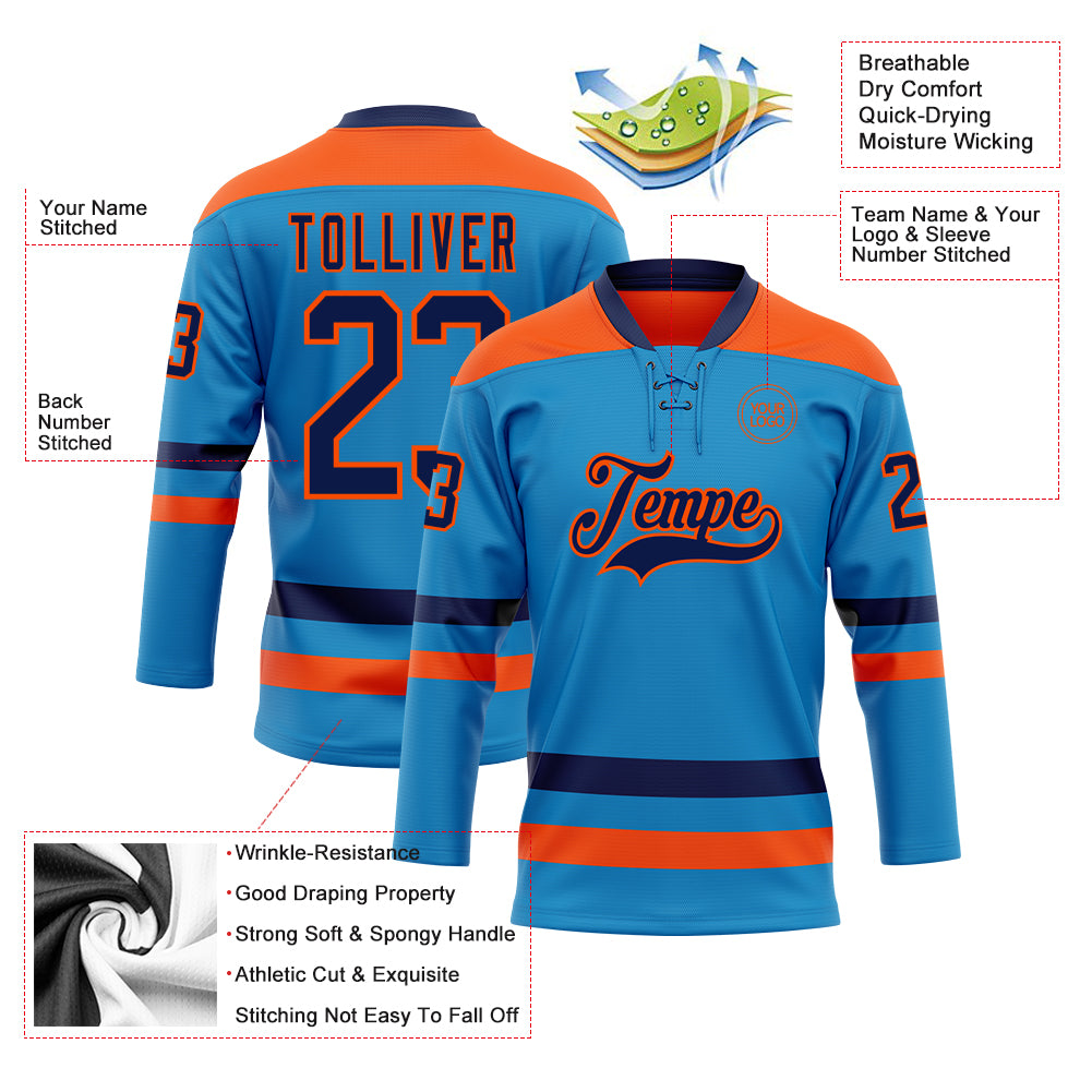 Custom Blue Navy-Orange Hockey Lace Neck Jersey