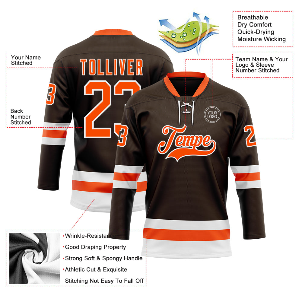 Custom Brown Orange-White Hockey Lace Neck Jersey