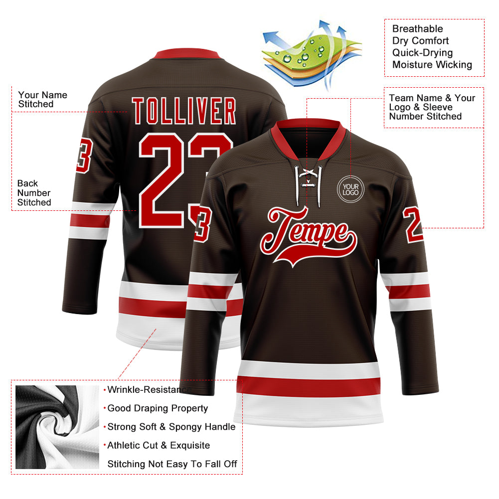 Custom Brown Red-White Hockey Lace Neck Jersey