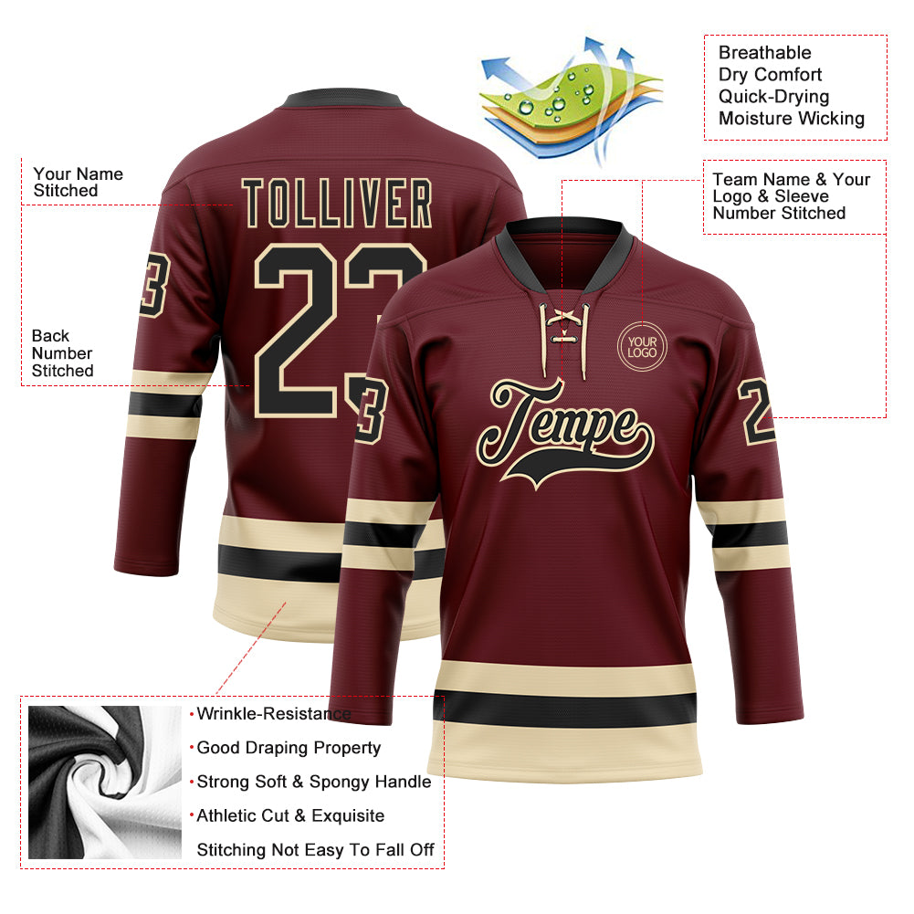 Custom Burgundy Black-Cream Hockey Lace Neck Jersey