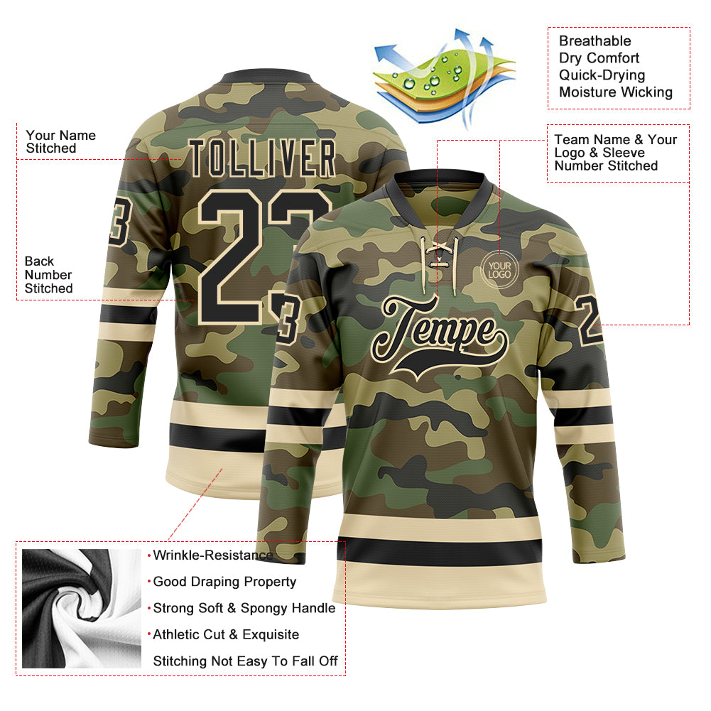 Custom Camo Black-Cream Salute To Service Hockey Lace Neck Jersey