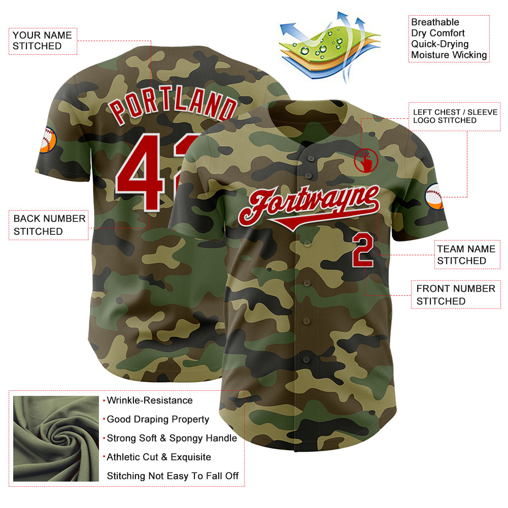 Custom Camo Red-White Authentic Salute To Service Baseball Jersey