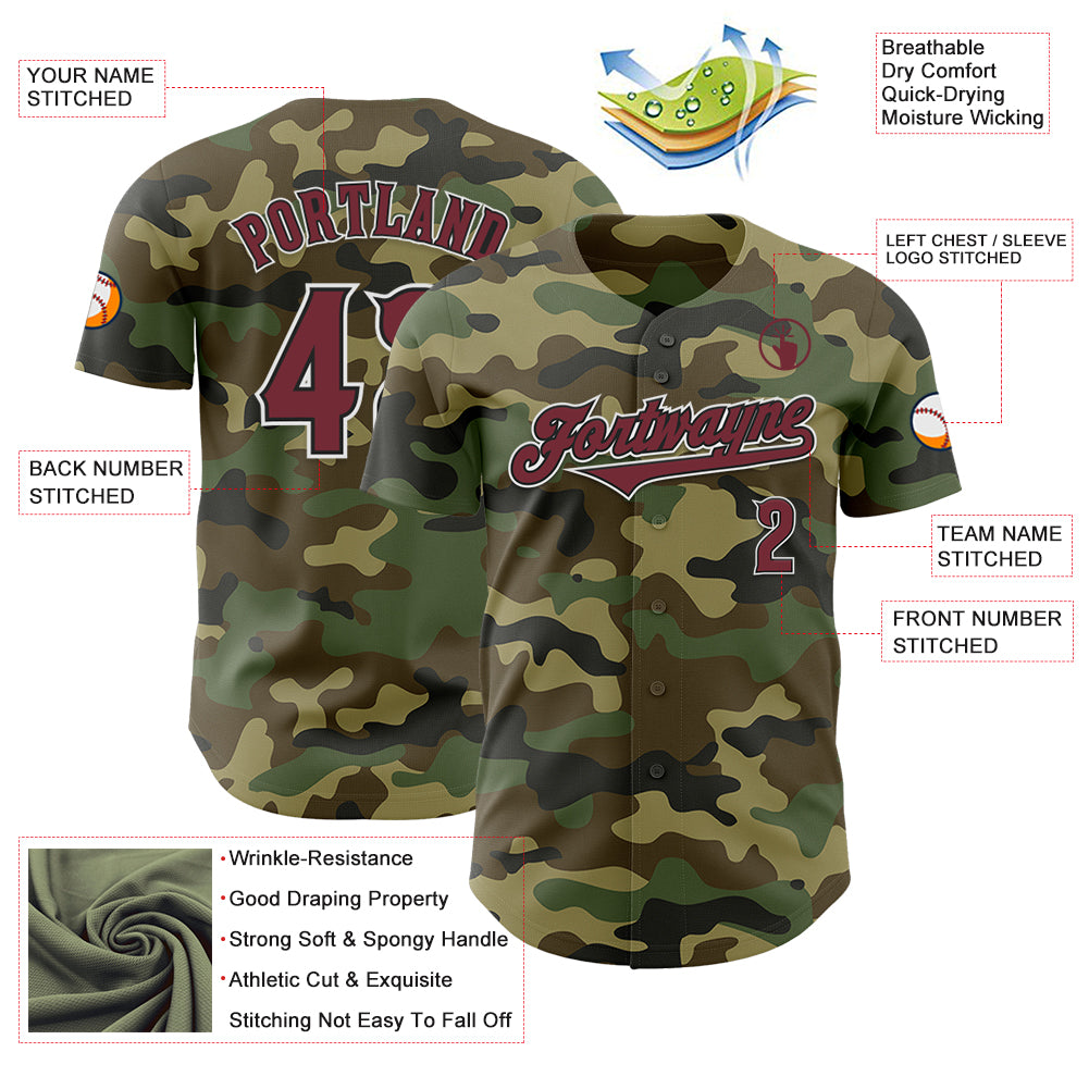 Custom Camo Burgundy-Black Authentic Salute To Service Baseball Jersey