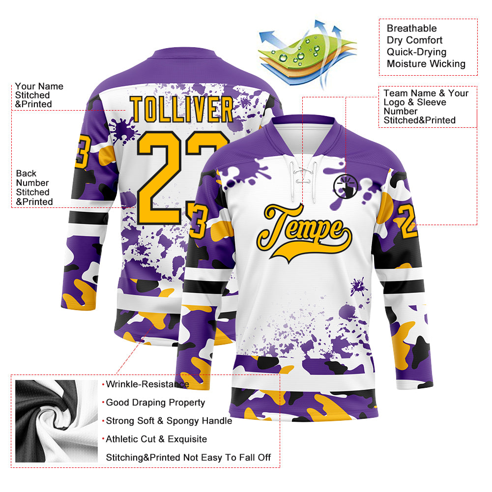 Custom Camo Gold Purple Black-White Splash Hockey Lace Neck Jersey