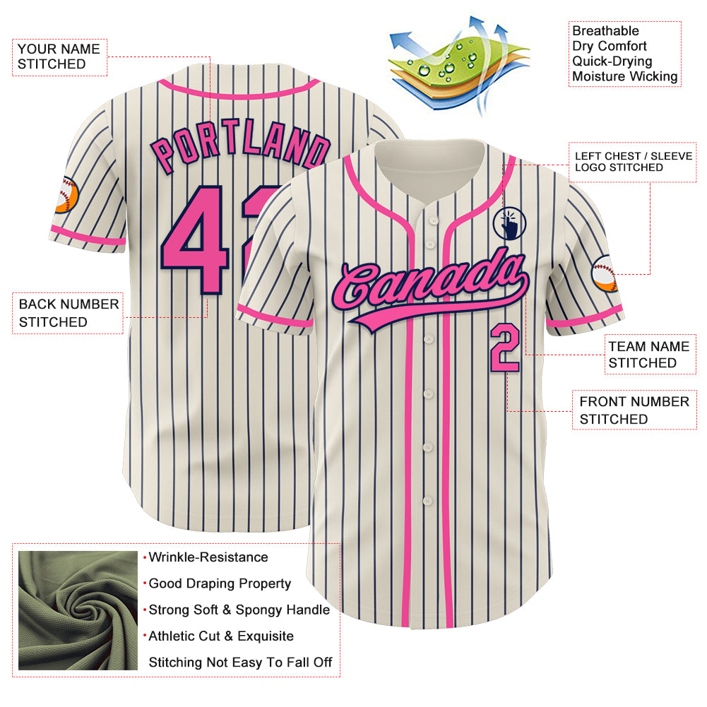 Custom Cream Navy Pinstripe Pink Authentic Baseball Jersey