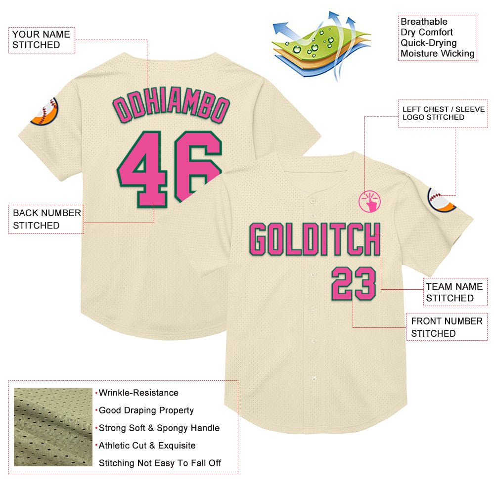 Custom Cream Pink-Kelly Green Mesh Authentic Throwback Baseball Jersey